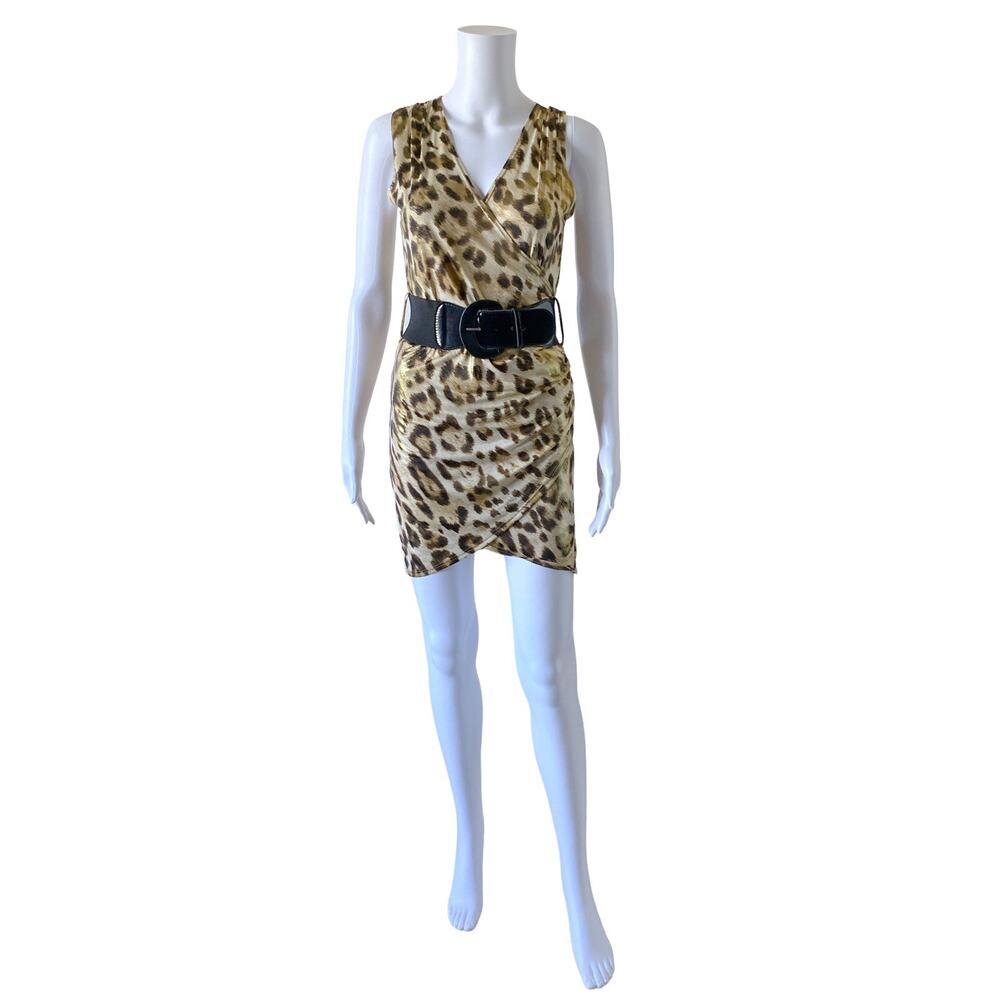 Body Central Leopard Print Bodycon Faux Wrap Mini Dress Y2K Clubwear Size Small